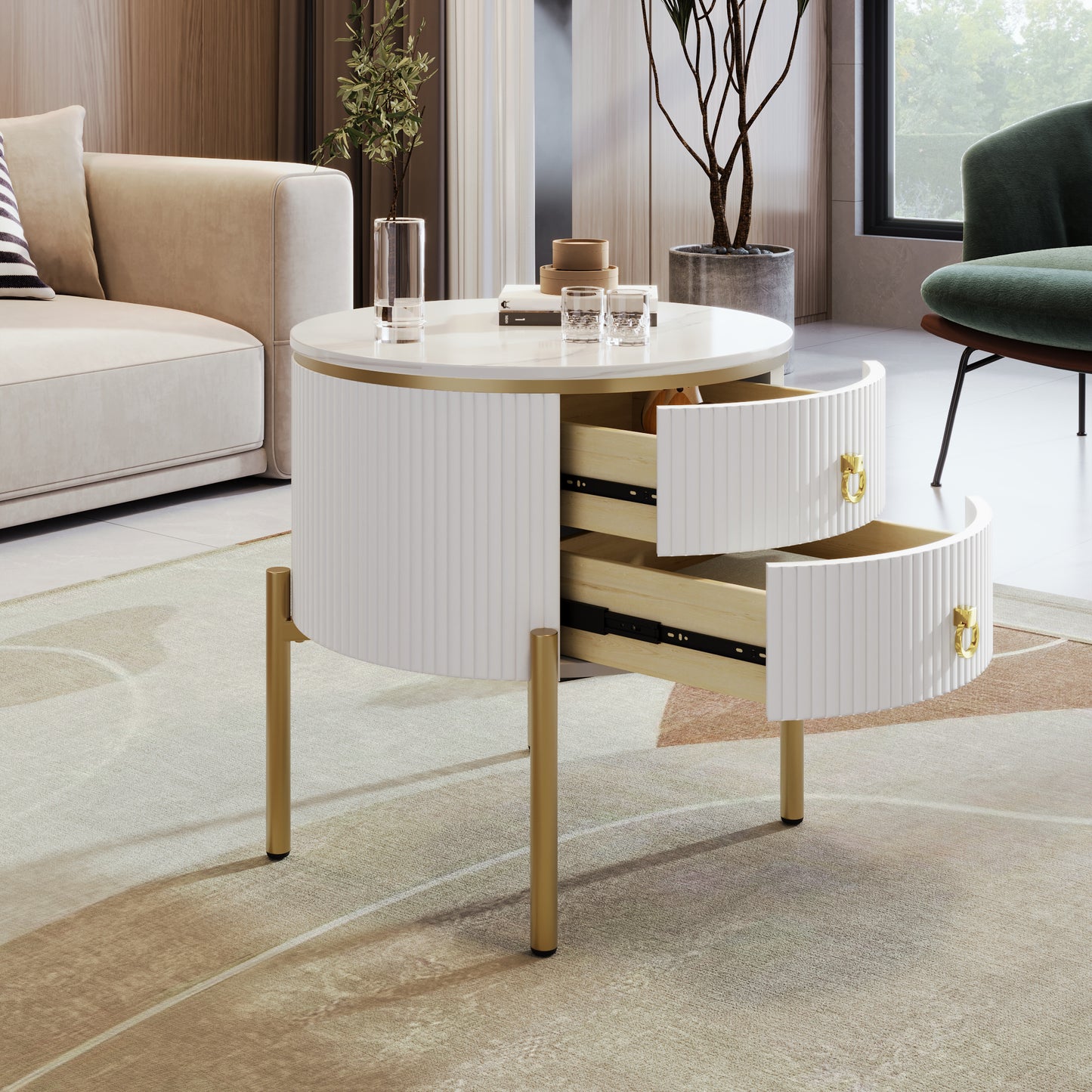 Beistelltisch, Couchtisch mit Schubladen, Marmorstruktur, goldenen Beinen und Griffen