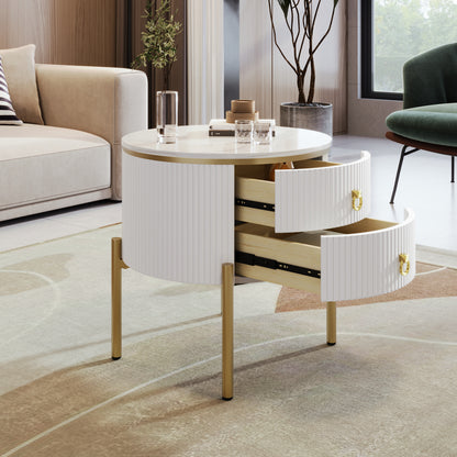 Beistelltisch, Couchtisch mit Schubladen, Marmorstruktur, goldenen Beinen und Griffen