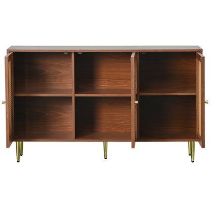 Sideboard mit 3 Rattan verzierten Türen Kommode Highboard mit Metallgriffe, für Schlafzimmer & Wohnräume & Büro, Nussbaum 129.8x 40x 76cm