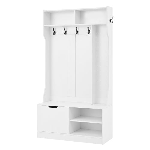 Garderobenset, Komplett-Set Flurgarderobe mit Sitzbank, 6 Haken, 1 Türen & 4 Offener Lagerraum, Weiß