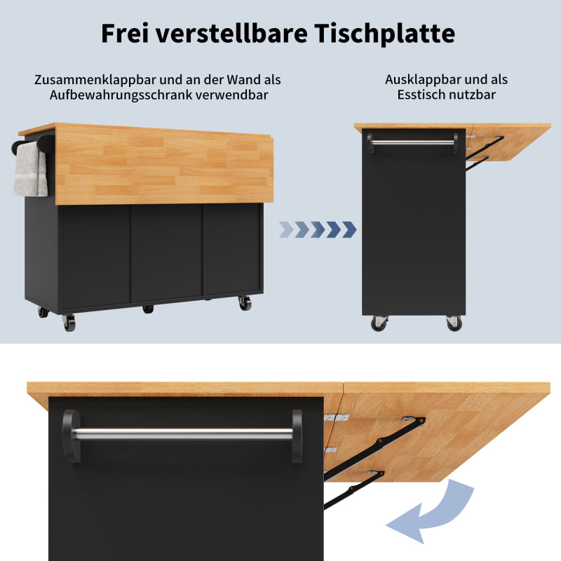 Moderne Kücheninsel, Küchenschrank, Ausziehbarer Küchenwagen mit Rollen und Arbeitsplatte, Servierwagen mit Gewürzregal und 8 Schubladen, Schwarz