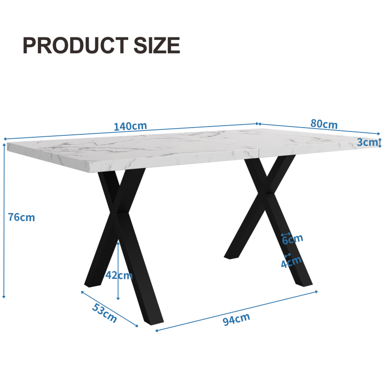 Esstisch, Design mit gekreuzten Beinen, Marmorstruktur, Schwarz und Weiß