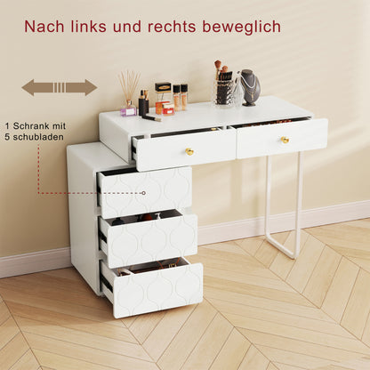 Schminktisch, 5 Schubladen, ohne Spiegel und Hocker, Schrank und Beine links und rechts austauschbar, 90x 40 x 73.5 cm, Wellenmuster, minimalistischer Stil, Kommode, weiß