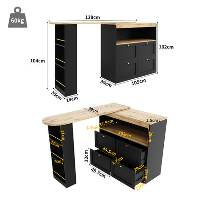 Um 360° drehbarer Bartisch (Hauptkörper 105 x 39 x 102 cm), mit 4 Schubladen und offenen Ablagen, geeignet für Esszimmer/Arbeitszimmer/Wohnzimmer usw