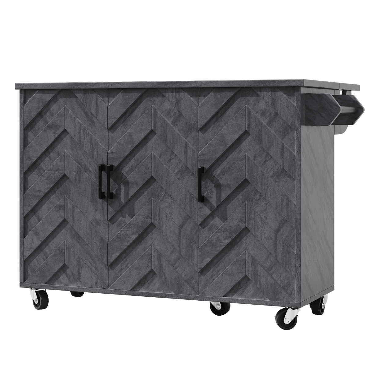 Mobile Kücheninsel 118x75cm Klappbar Servicewagen Grau mit Rollen, 3 Türen, 3 Schubladen & 3D-Wellenmuster Design, Küchenwagen