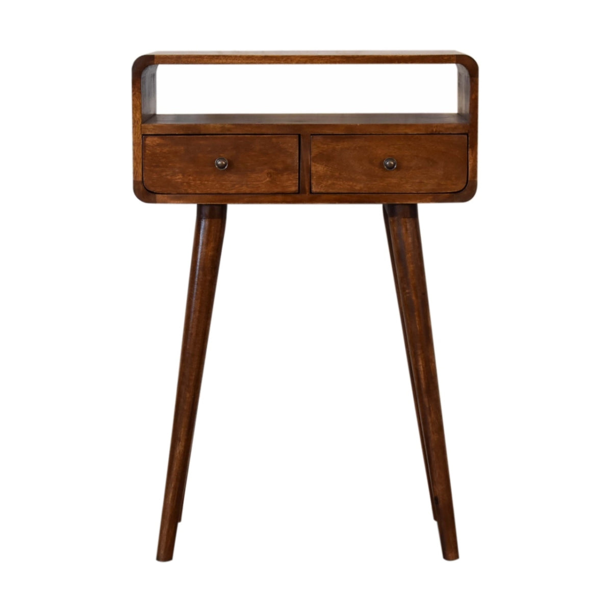 Mini-Konsolentisch aus massivem Mangoholz – Kastanienbraun, 2 Schubladen & offenes Fach, Handgefertigt, PSK-System, 60x30x90 cm