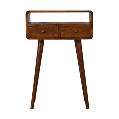 Mini-Konsolentisch aus massivem Mangoholz – Kastanienbraun, 2 Schubladen & offenes Fach, Handgefertigt, PSK-System, 60x30x90 cm