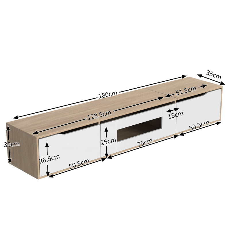 TV-Schrank, Hochglanz-TV-Schrank, farblich passend zu Hochglanz-Weiß und Holzfarbe, mit farbwechselndem LED-Licht.