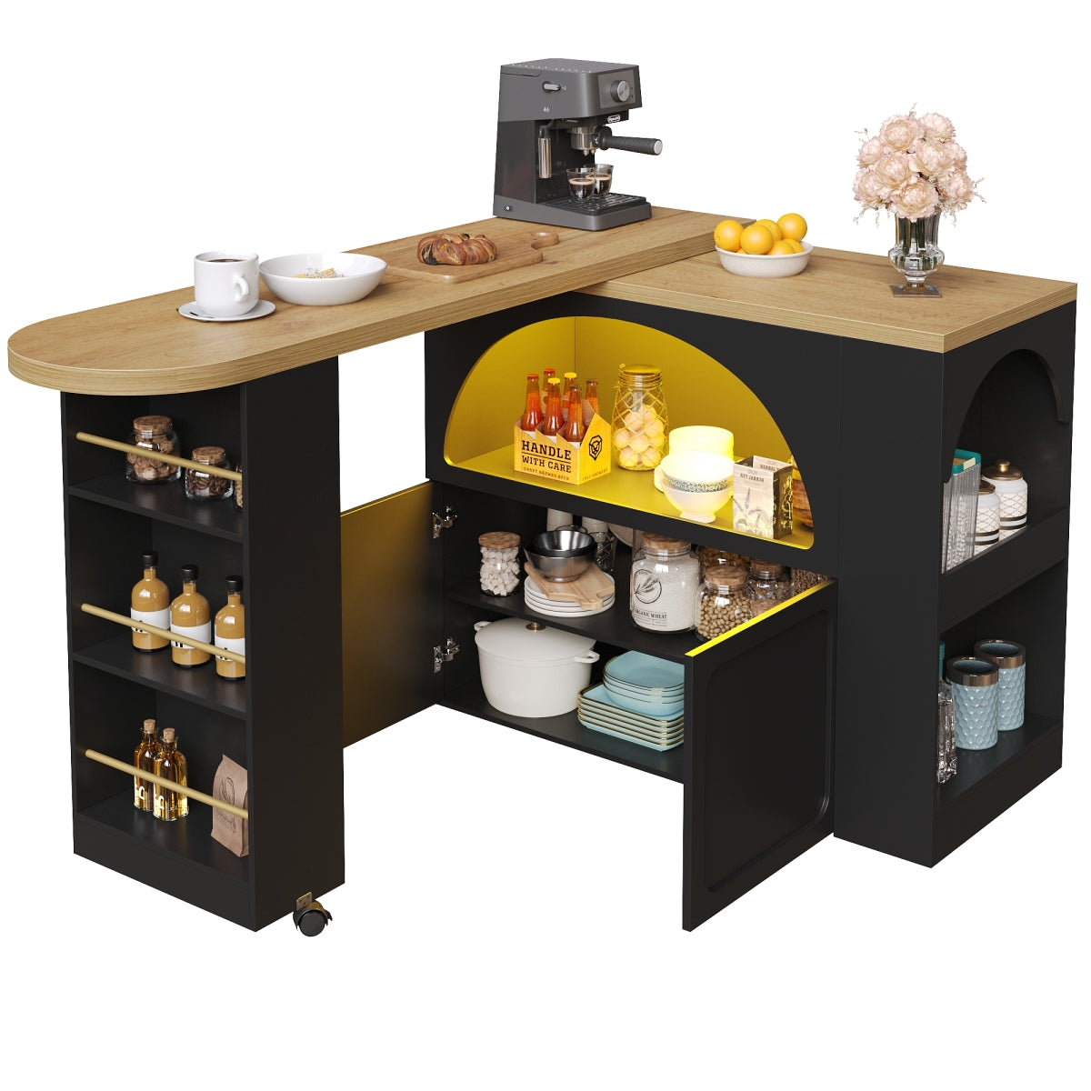 Ausziehbarer Bartisch 135-205cm mit LED & USB, Mobiler Hochtisch Schwarz, Teleskop-Kücheninsel mit Stauraum & Soft-Close, Modernes Bogendesign