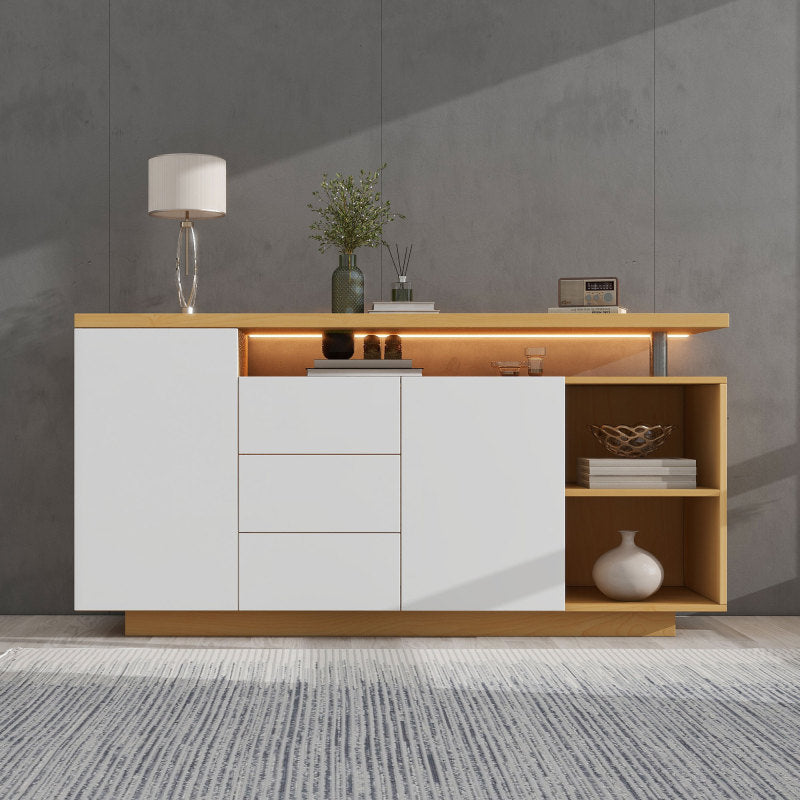 Multifunktionales Sideboard, Länge 140 cm, weiß und Holzimitat - 2 Türen, 3 Schubladen, 2 offene Fächer, mit LED-Beleuchtung