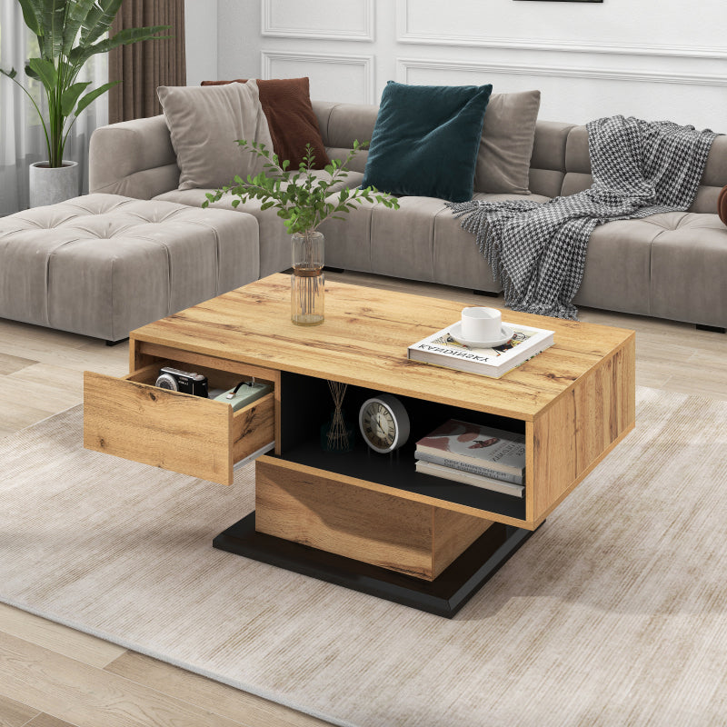 Moderner Couchtisch 105 x 60 x 40,5 cm – Schwarz-Weiß-Design mit hochglänzender Oberfläche, Schublade und 4 offenen Fächern