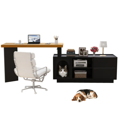 Eckschreibtisch mit integriertem Tierhaus, L-förmig oder einteilig, flexible Montage, Eckschreibtisch für Home Office mit XL-Tierhöhle, Black