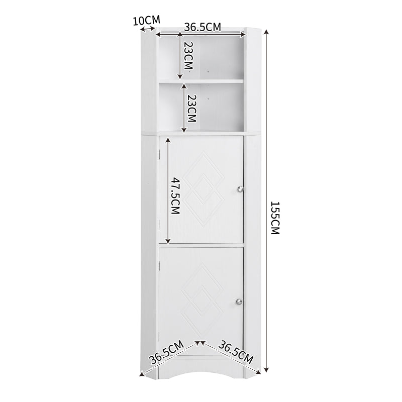 Badschrank, Badmöbel, Eckschrank mit zwei Ablagefächern, offenes Fach mit verstellbarem Einlegeboden,36.5 x 36.5 x 155 cm, weiß