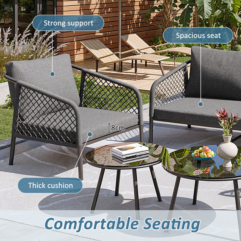 Garten-Lounge-Set, Gartenmöbel-Set aus Seil, Modernes Outdoor-Sofa-Set, graues Seil, Tischplatte aus glattem Glas, inklusive aller Sitz- und Rückenkissen,Loungemöbel, Balkonset , Garten & Terrasse