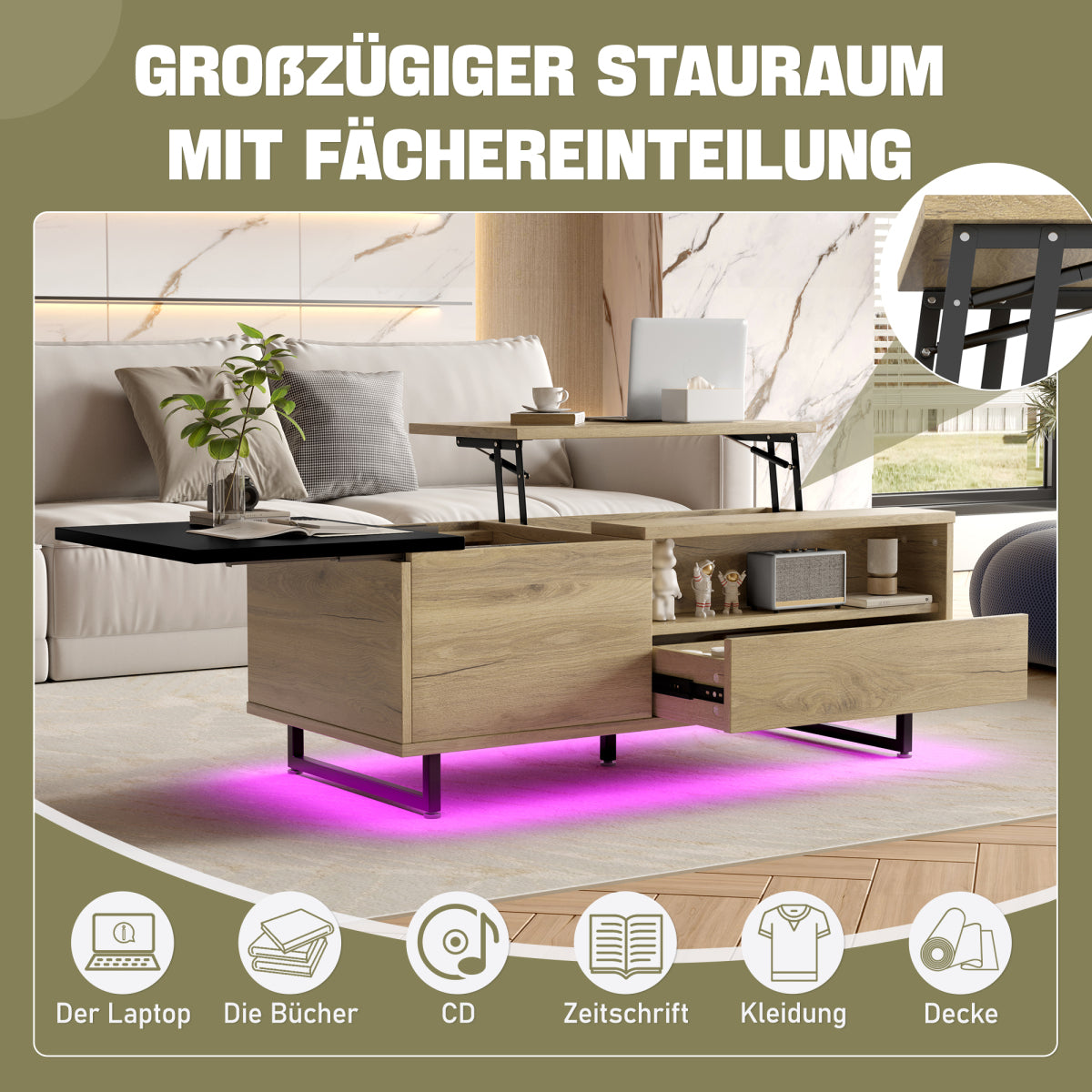 Couchtisch mit LED-Beleuchtung, Tischplatte höhenverstellbar, Holzoptik/Schwarz