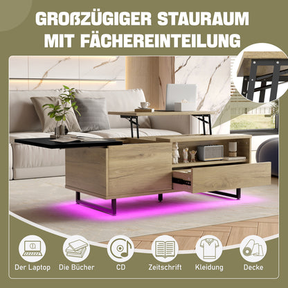 Couchtisch mit LED-Beleuchtung, Tischplatte höhenverstellbar, Holzoptik/Schwarz