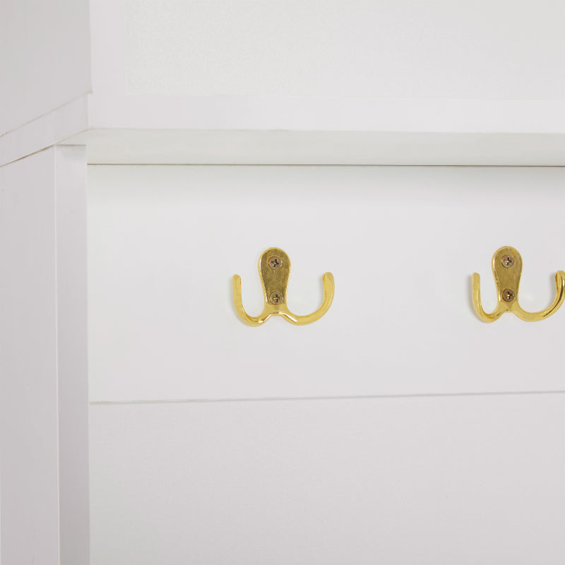 Garderobenset mit Bank, multifunktionale Aufbewahrungsbank, offene Aufbewahrung,6 goldene Haken und Füße, geeignet für Flur, Wohnzimmer, weiß, B120/D40/H191.5CM