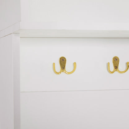 Garderobenset mit Bank, multifunktionale Aufbewahrungsbank, offene Aufbewahrung,6 goldene Haken und Füße, geeignet für Flur, Wohnzimmer, weiß, B120/D40/H191.5CM