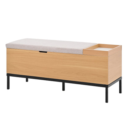 Sitzbank mit Stauraum 115 cm, Gepolsterte Truhenbank Holzoptik Natur, Stoffbezug Hellgrau, Flurbank