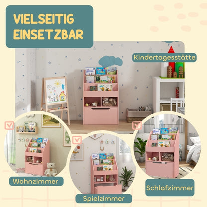 Kinder Bücherregal Kinderregal mit Schublade, 3 Ablagefächern und 2 offenen Fächern, Aufbewahrungsregal für Kinderzimmer, Spielzimmer, Rosa