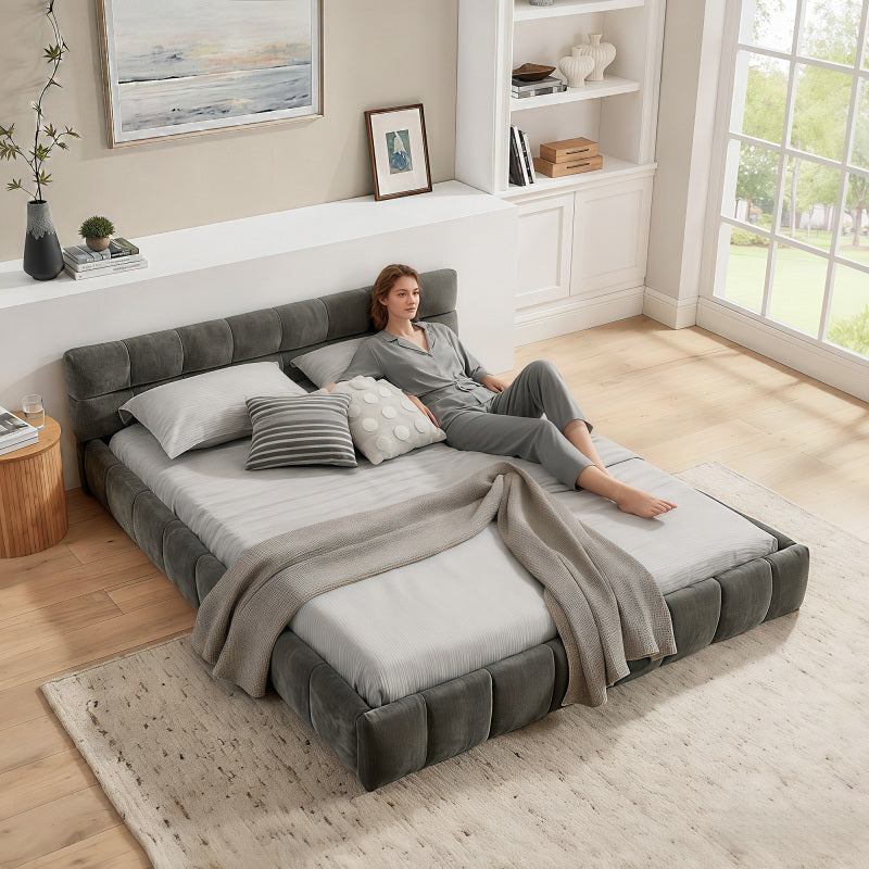 Doppelbett 140*200 cm, Bett mit seidig weichem Chenille - Bezug, quadratischem Steppdesign, Dark Gray (ohne Matratze)