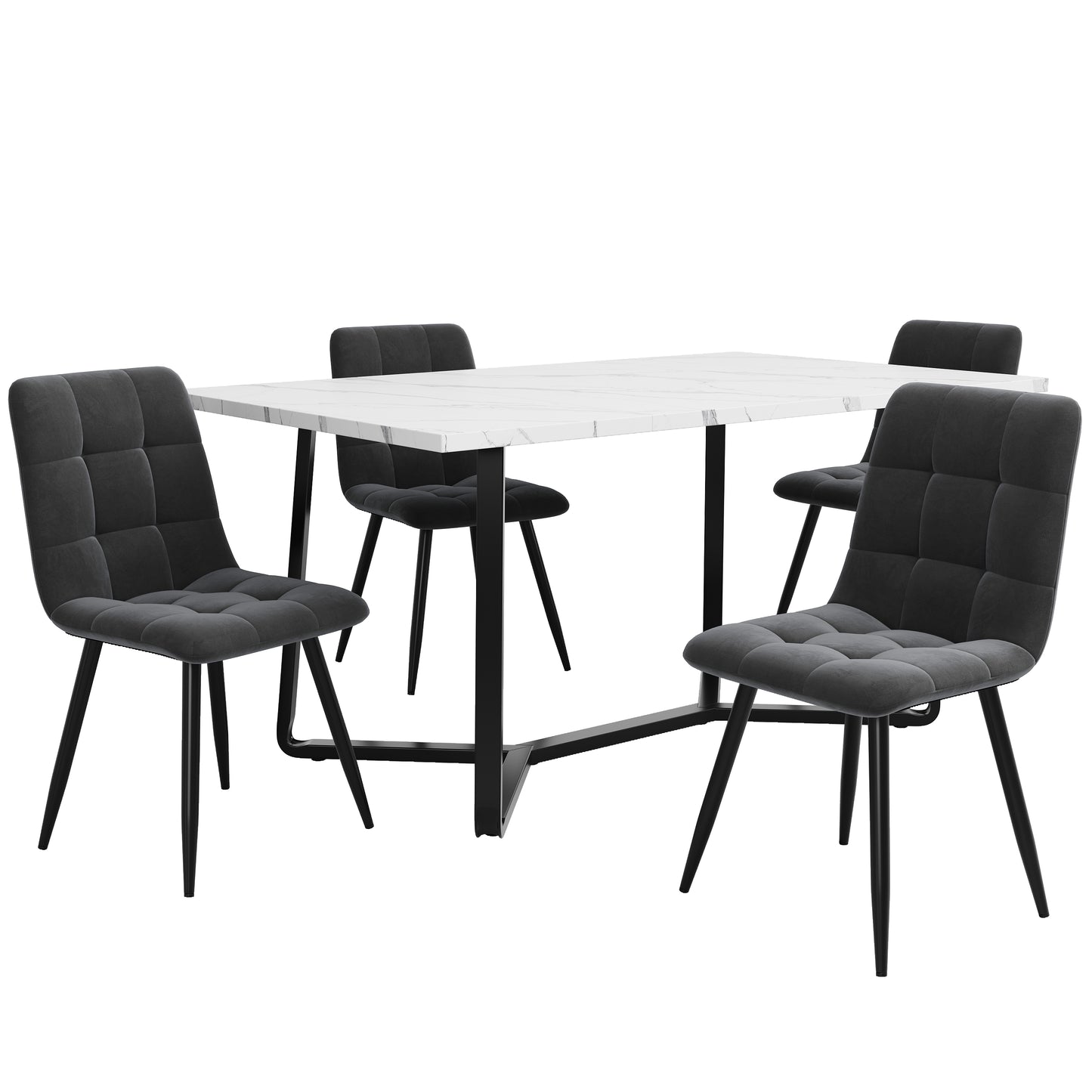 Esstisch und Stühle Set (5 Stück), Esszimmer-Set mit 4 Stühlen, marmorierte Tischplatte, schwarze Tischbeine, graue Samt-Esszimmerstühle