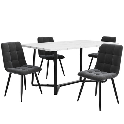 Esstisch und Stühle Set (5 Stück), Esszimmer-Set mit 4 Stühlen, marmorierte Tischplatte, schwarze Tischbeine, graue Samt-Esszimmerstühle
