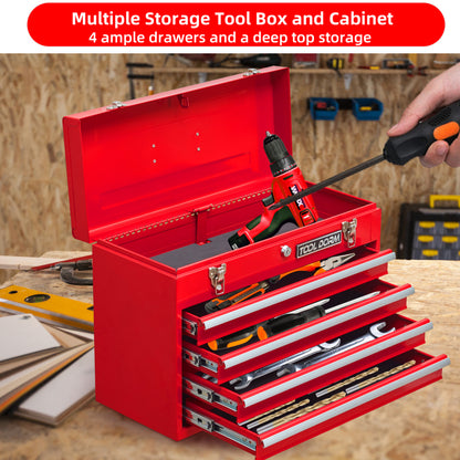 20.3inch Metal Tool Box with Drawers Portable Steel Metal Tool Box with Protective Liner and Metal Latch Closure and Lock for Garage, Home and Warehouse (Red-4 Drawers)