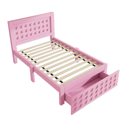 Holzbett Einzelbett 90x190 cm, Kinderbett Jugendbett mit Kreativem Block Design, Massivholz Bettgestell mit Lattenrost, mit Schubladen & Unterm Bett Stauraum, Rosa, Ohne Matratze