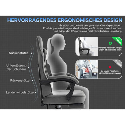 Gaming Stuhl Stoff, Ergonomischer Gaming Chair mit Fußstütze, Verstellbarer Racing Computerstuhl mit Lordosenstütze, Grau Ergonomisch PC-Stuhl
