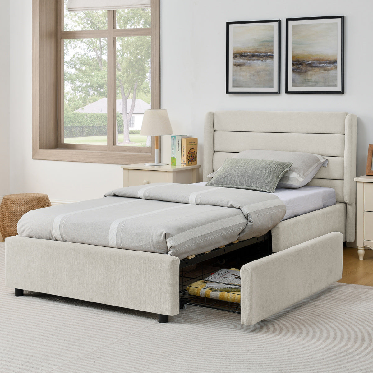 Einzelbett 90×200 cm mit Chenille-Oberfläche & 2 Schubladen, stabiles Bettgestell aus Holz/Metall, ideal für Kinder-, Jugend- & Gästezimmer, Beige (ohne Matratze)