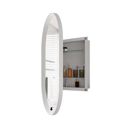 Stylish Oval Mirror Cabinet, Recessed Medicine Cabinet, Wall Cabinet with Metal Framed, Mirror and Adjustable Shelves, Mirror Cabinet with Storage for Bathroom, Living Room and Bedroom, White