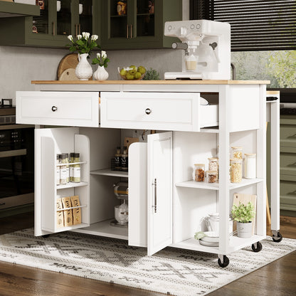 Kücheninsel mit Rollen & ausziehbarer Platte, Servierwagen Weiß/Holzoptik, 120cm Sideboard mit 7 Rollen, 2 Schubladen & verstellbaren Regalen