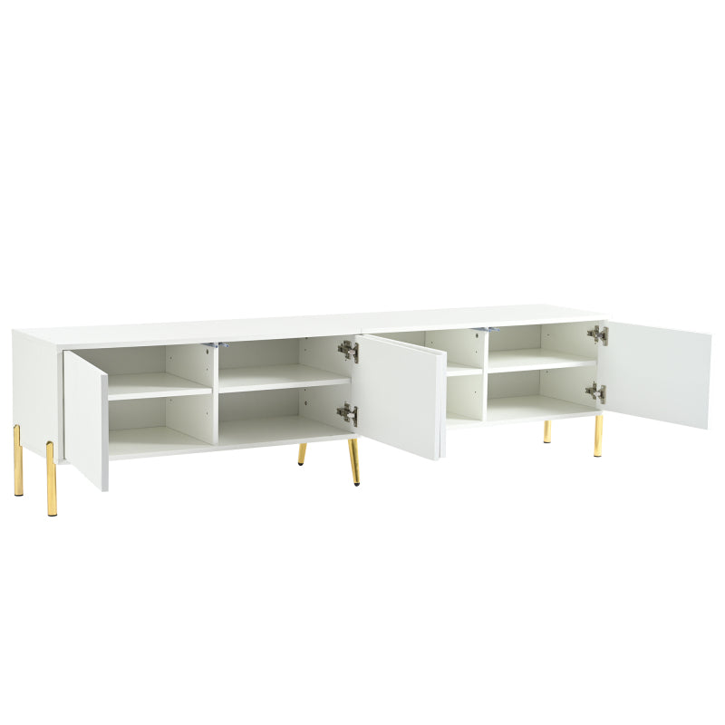 Weißes TV-Schrank, 190 cm lang x 38 cm breit x 48 cm hoch, goldene Tischbeine, gerilltes Türdesign