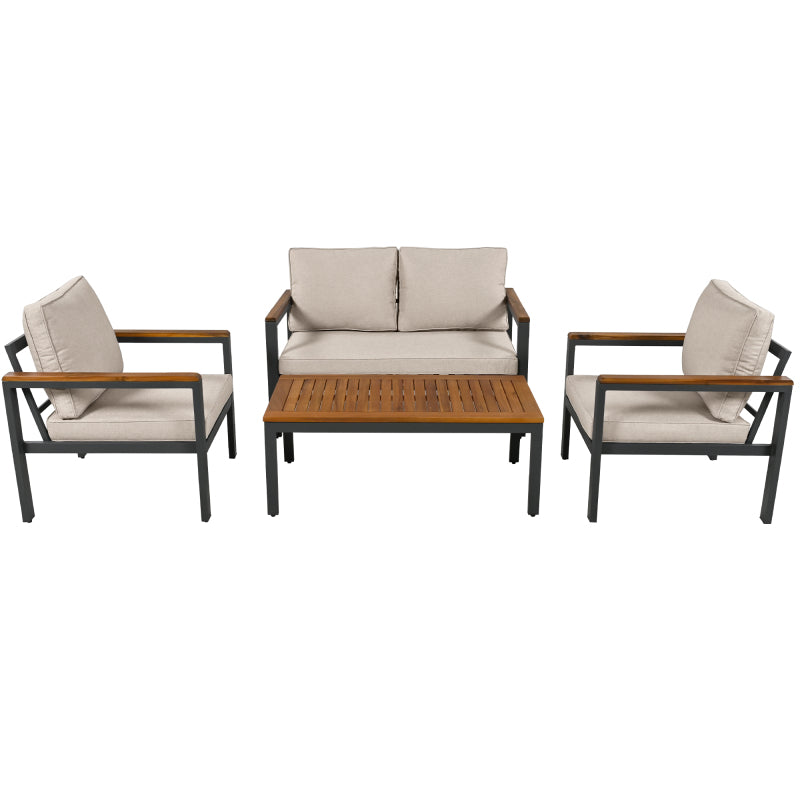 Loungeset, Gartenmöbel-Set mit Rahmen aus verzinktem Stahl, (breites Set, 4-teiliges Esstisch-Set, 1x 2-Sitzer-Sofa, 2x Einzelstühle, 1x Tisch), Akazienholz Tischplatte und Armlehnen,Beige