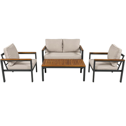 Loungeset, Gartenmöbel-Set mit Rahmen aus verzinktem Stahl, (breites Set, 4-teiliges Esstisch-Set, 1x 2-Sitzer-Sofa, 2x Einzelstühle, 1x Tisch), Akazienholz Tischplatte und Armlehnen,Beige