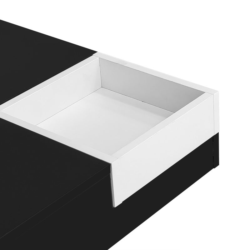 Couchtisch, Hochglanz-Wohnzimmertisch, Beistelltisch mit abnehmbarer Aufbewahrungsbox, Farbblockweiß und Schwarz, 72*72*30 cm, Mit LED-Lichteffekt.