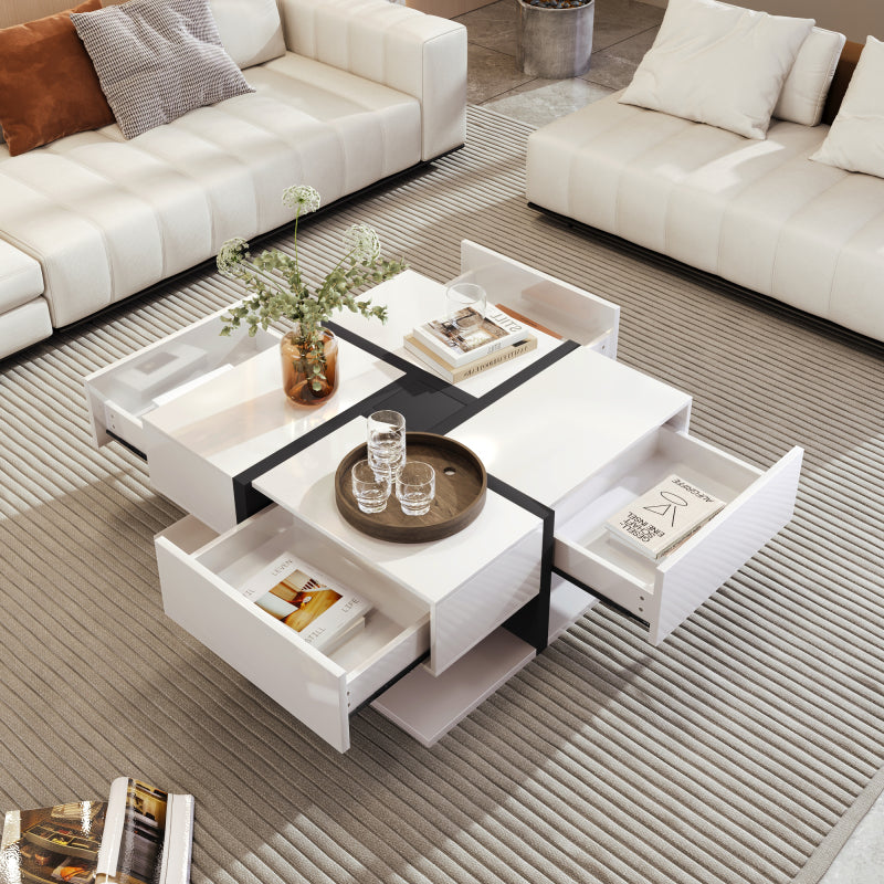 Hochglanz-Couchtisch, Tisch mit 4 Schubladen, einzigartige Farbabstimmung und Liniendesign, Stauraum unten. 78*78*36cm