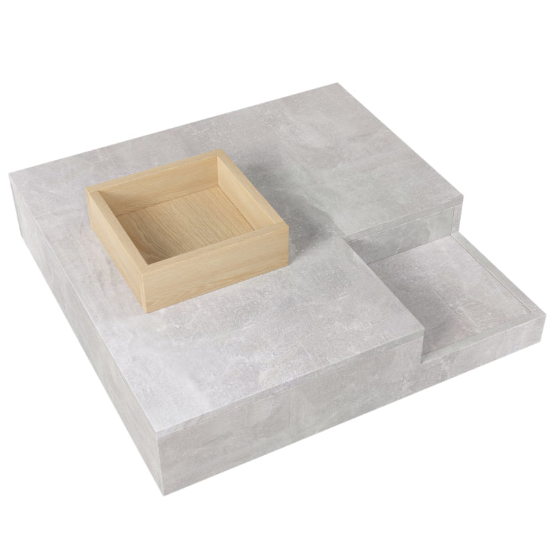 Couchtisch Wohnzimmertisch Beistelltisch mit herausnehmbarer Aufbewahrungsbox, Betongrau und Holzfarbe, 72*72*30 cm.