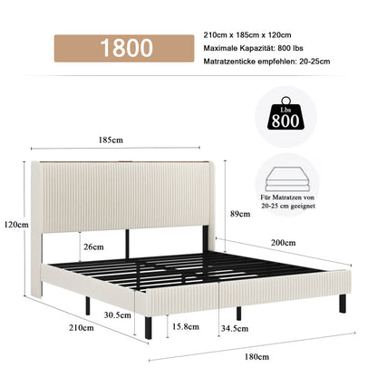 Bettrahmen gepolstertes Plattformbett mit Stoffköpfchen, Flügelkantendesign/Nicht-Rutscht- und Rauchfreien/Metalllatten/No BoxSpre 180*200