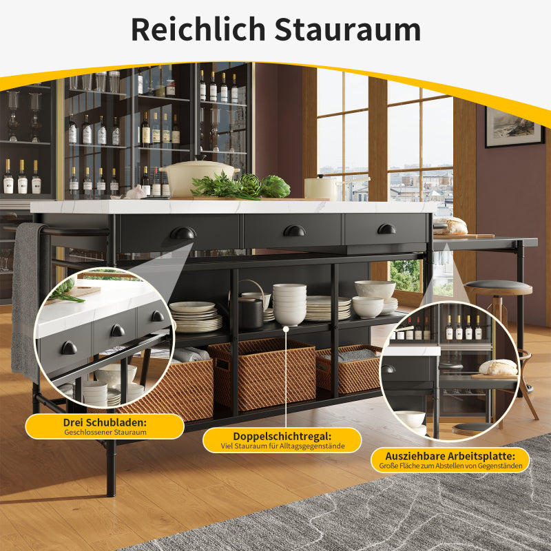 Kücheninseln, Ausziehbare Kunstmarmorplatte Industrial mit 3-Schubladen, Multifunktionales Küchen- und Esszimmer-Möbel, Kücheninsel Küchenregal Küchewagen Sideboard, MDF Arbeitsplatte Küche Regal