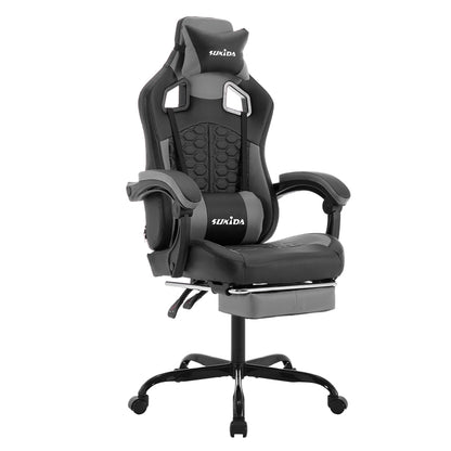 Gaming Stuhl, Ergonomischer Gaming-Stuhl mit Fußstütze, Racing Gaming Chair Kopfstütze Verstellbarer Computerstuhl Höhenverstellbar Lendenwirbelstütze für Homeoffice und Gaming Gray