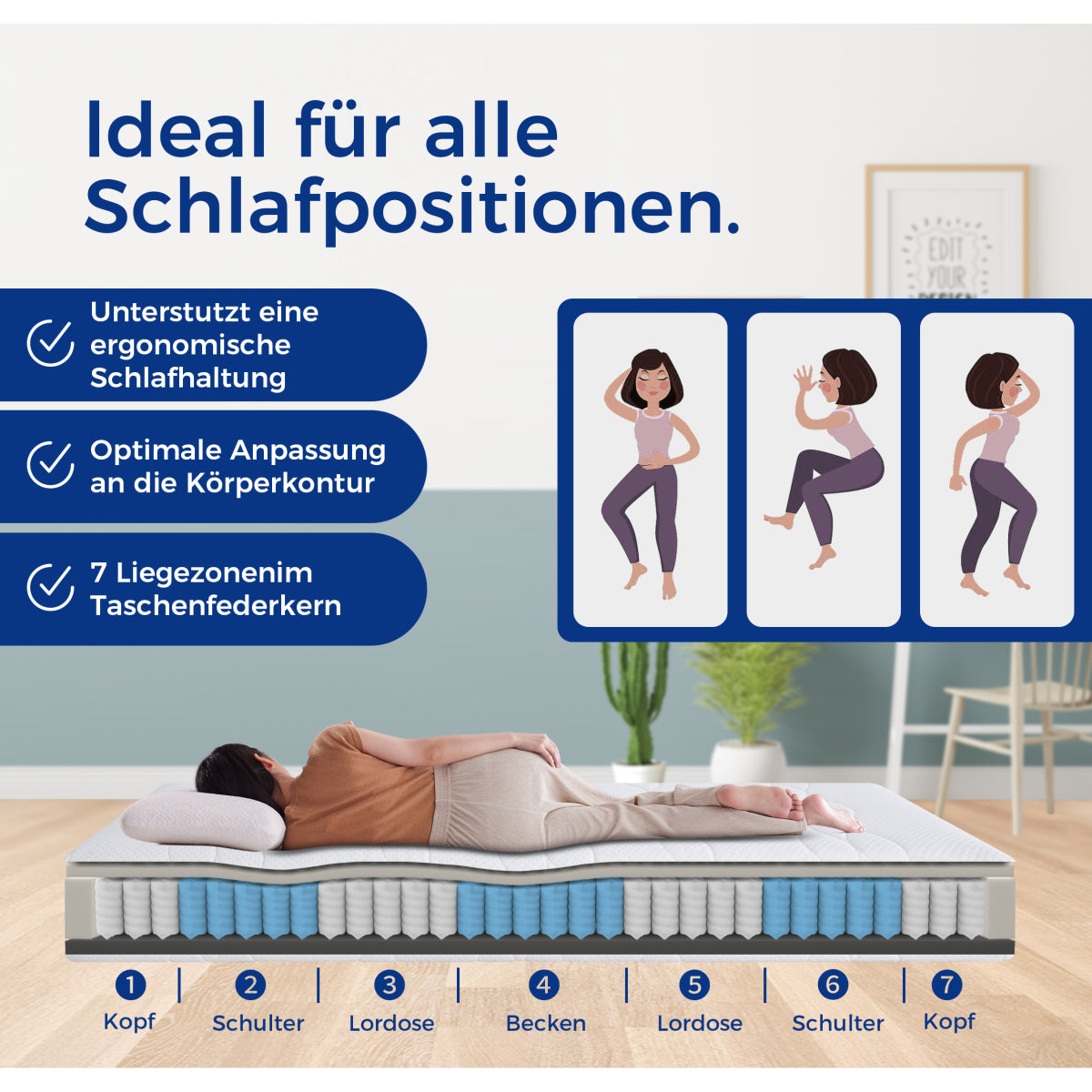 Taschenfederkern Matratze 90x200 cm, 7 Zonen, H3/H4, Boxspring-Gefühl