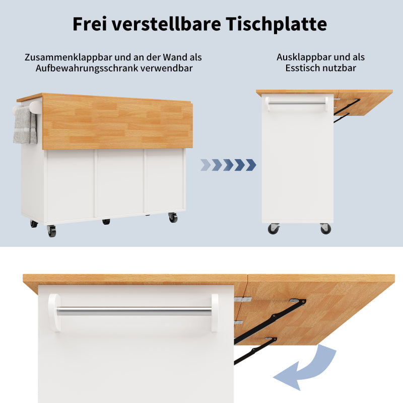 Moderne Kücheninsel, Küchenschrank, Ausziehbarer Küchenwagen mit Rollen und Arbeitsplatte, Servierwagen mit Gewürzregal und 8 Schubladen, weiß