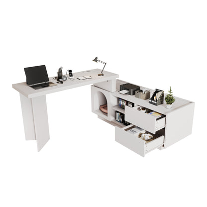 Eckschreibtisch mit integriertem Tierhaus, L-förmig oder einteilig, flexible Montage, Eckschreibtisch für Home Office mit XL-Tierhöhle, White