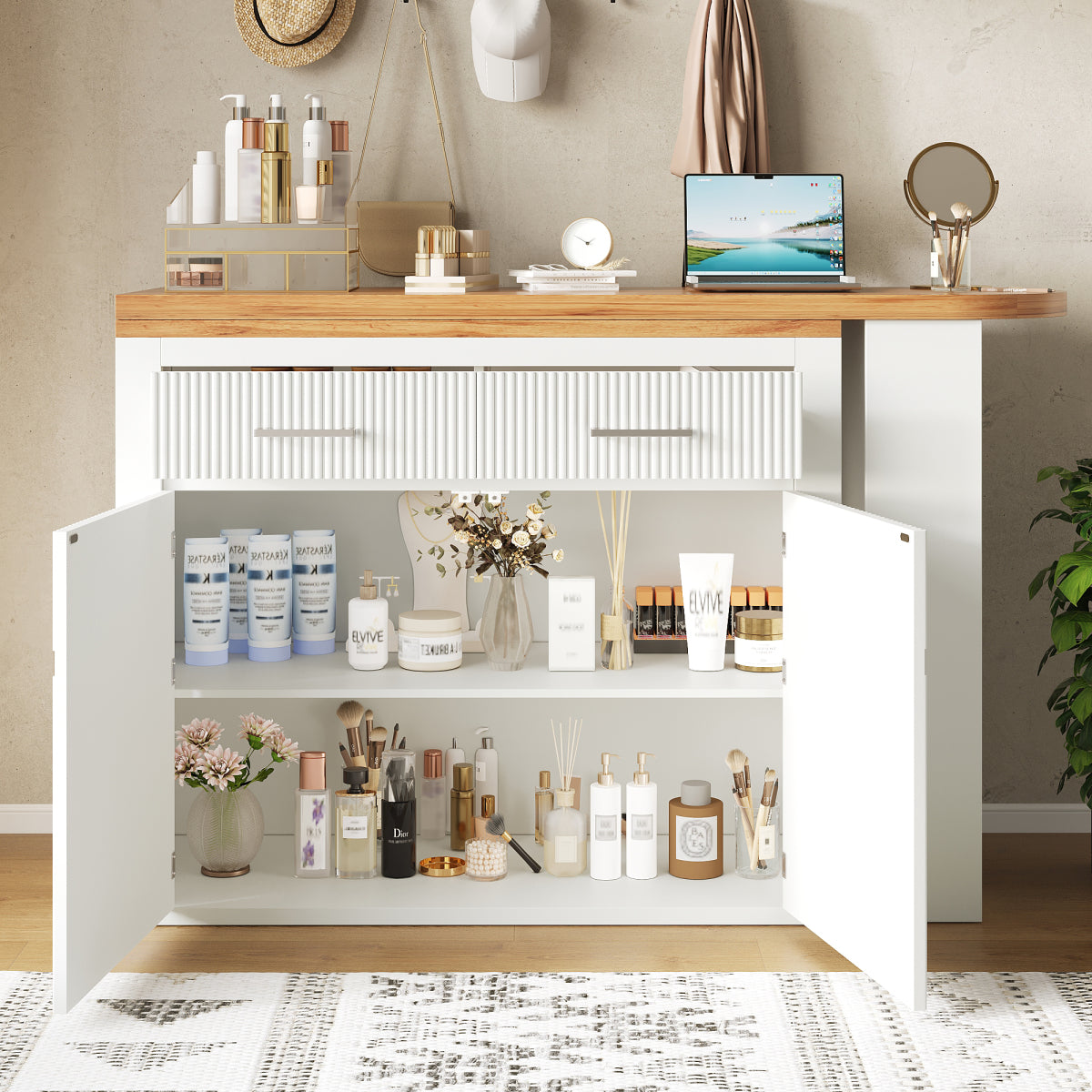 Ausziehbarer Bartisch Weiß (137-215cm) - Moderner Teleskop-Hochtisch mit Schublade & 2 Regalen - Bewegliche Kücheninsel & Bistro Table