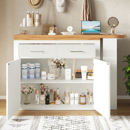 Ausziehbarer Bartisch Weiß (137-215cm) - Moderner Teleskop-Hochtisch mit Schublade & 2 Regalen - Bewegliche Kücheninsel & Bistro Table