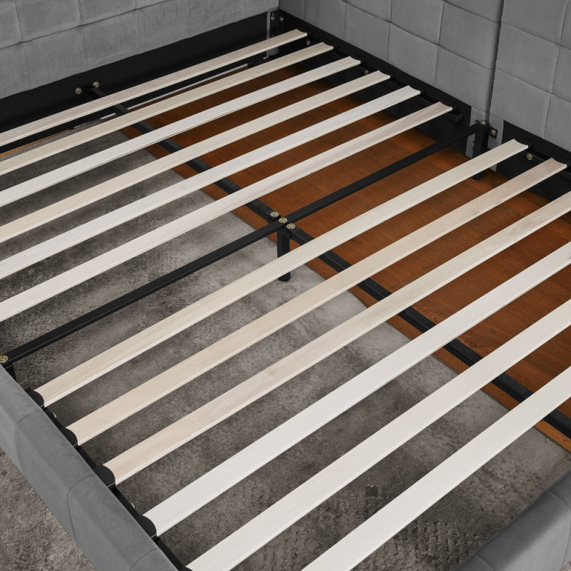 Doppelbett 140x200 cm, weiches hautfreundliches Samt, L-förmiges Eck Bettgestell, robuste Eukalyptus- und Eisenlatten, Dark Gray (ohne Matratze)