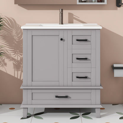 Bodenstehender Badezimmerschrank mit Waschbecken, Waschtisch, komplett lackiert, Türregal, drei geräuschlose Schubladen, integriertes Keramikwaschbecken, Grau