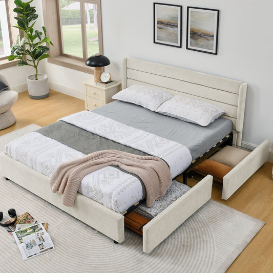 Doppelbett 160×200 cm aus Chenille mit 4 Schubladen, stabiles Bettgestell für Schlafzimmer & Eltern-Kind-Zimmer, Beige (ohne Matratze)